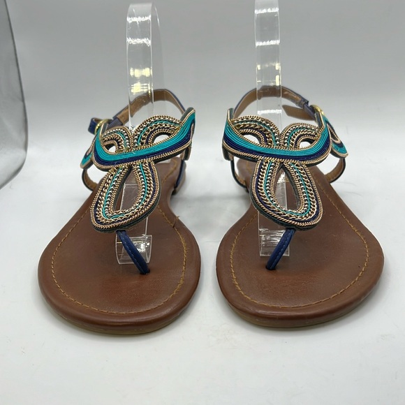 CL By Laundry Nida Sandals Thongs Shoes Peacock Braided Blue Gold Womens 7.5 - Picture 2 of 15